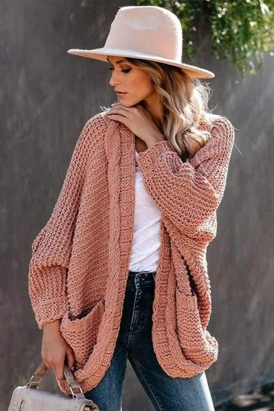 Chunky Knit Open-Front Cardigan in Soft Wool Blend Grey Beige Pink Black Purple Green Orange | Relaxed Layering Piece Long Sleeve Pockets | Koossa