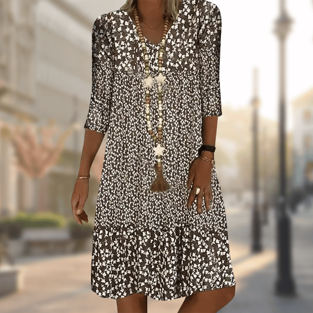 Printed Jersey Dress with Relaxed Fit and Three-Quarter Sleeves in Blue, Red, Brown and Green | Koossa