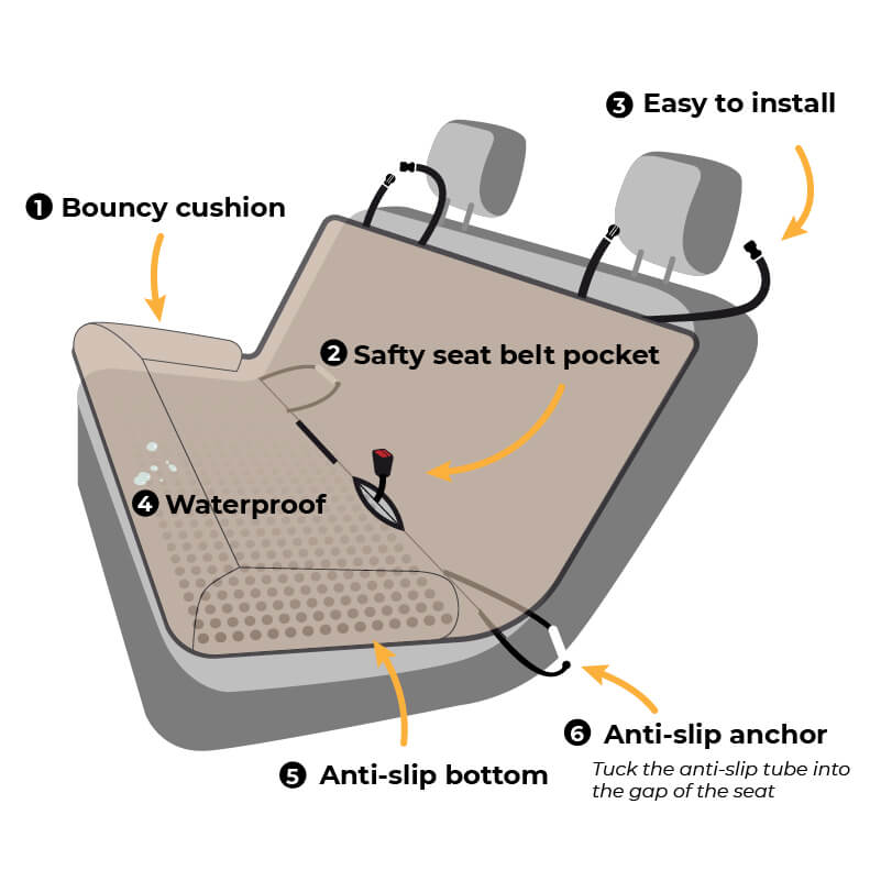 Dog Car Seat Cover Padded Waterproof Polyester Anti-Slip Bolster Back Seat Bed Large Dogs Safety Strap | Koossa