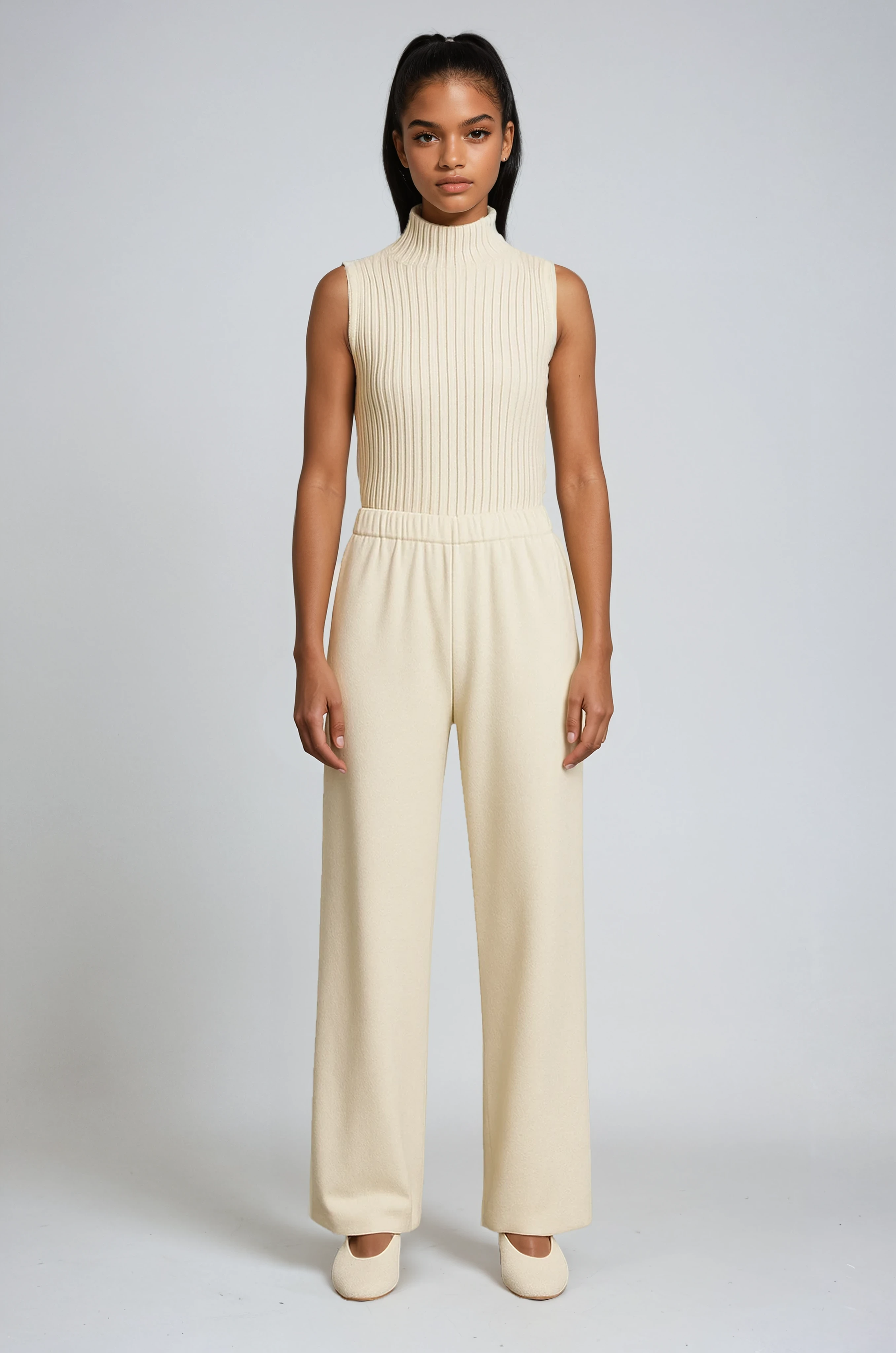Three-Piece Knitted Co-ord Set — Cardigan, Sleeveless Top & Wide-Leg Trousers in Soft Ribbed Viscose Blend for Effortless Layered Elegance | Koossa