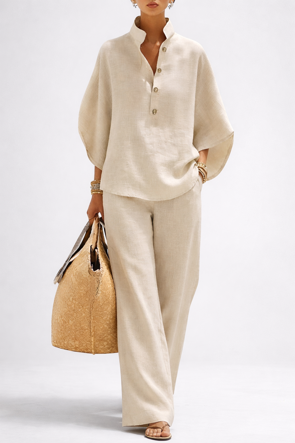 Women's Wide Leg Collar Two-Piece Trouser Set in Sand, Navy, Black & More | Koossa