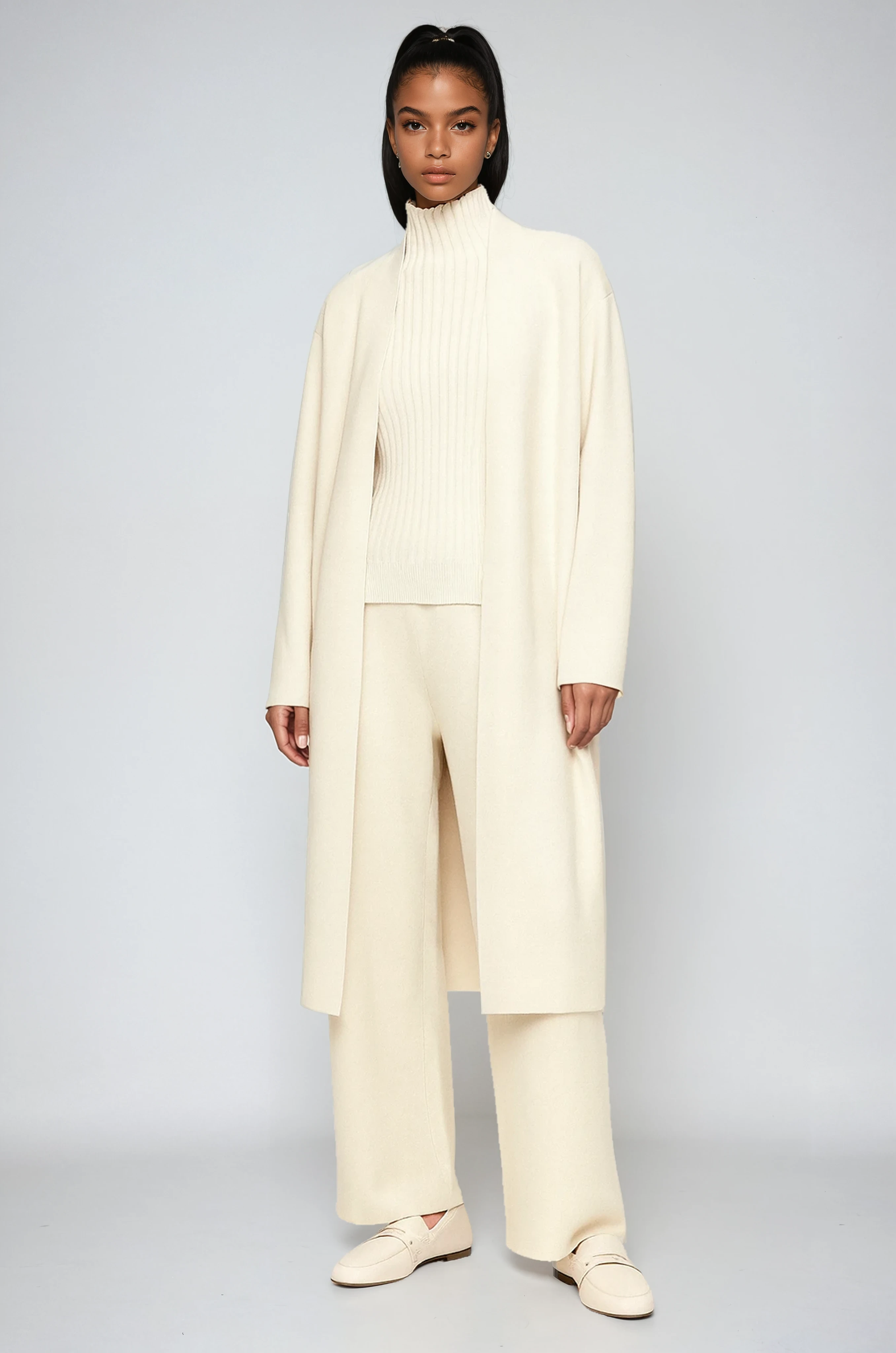 Three-Piece Knitted Co-ord Set — Cardigan, Sleeveless Top & Wide-Leg Trousers in Soft Ribbed Viscose Blend for Effortless Layered Elegance | Koossa