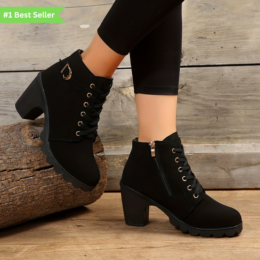 Lace-Up Ankle Boots with Block Heel in Dark Green, Black & Burgundy – Versatile Leather-Look Boots with Side Zip | Koossa