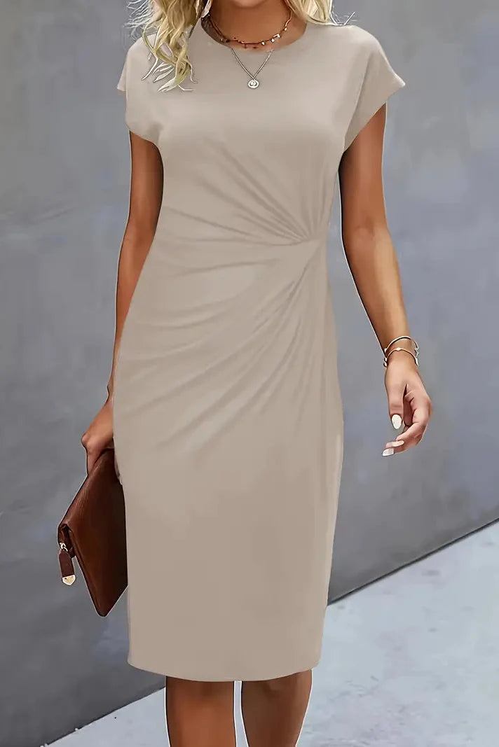 Ruched Waist Midi Dress with Cap Sleeves in Classic Colours for Sophisticated Evening Occasions | Koossa