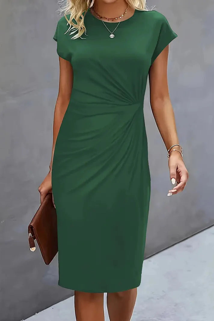 Ruched Waist Midi Dress with Cap Sleeves in Classic Colours for Sophisticated Evening Occasions | Koossa