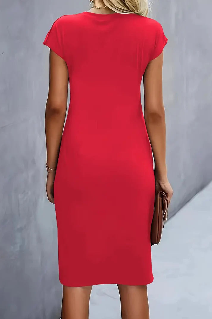Ruched Waist Midi Dress with Cap Sleeves in Classic Colours for Sophisticated Evening Occasions | Koossa