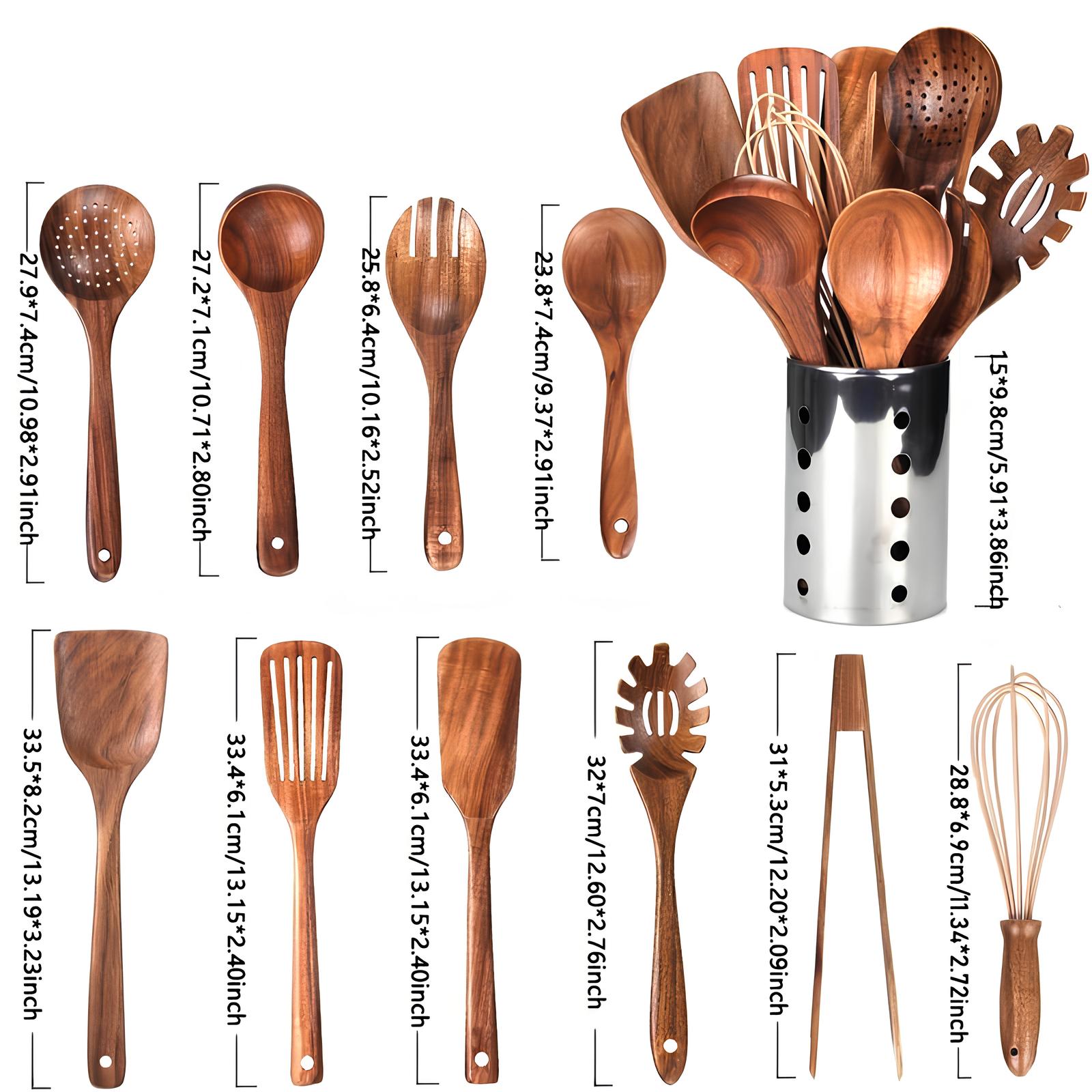 Ensemble de 11 ustensiles de cuisine en teck avec support – Bois naturel durable et résistant pour tous les jours | Koossa