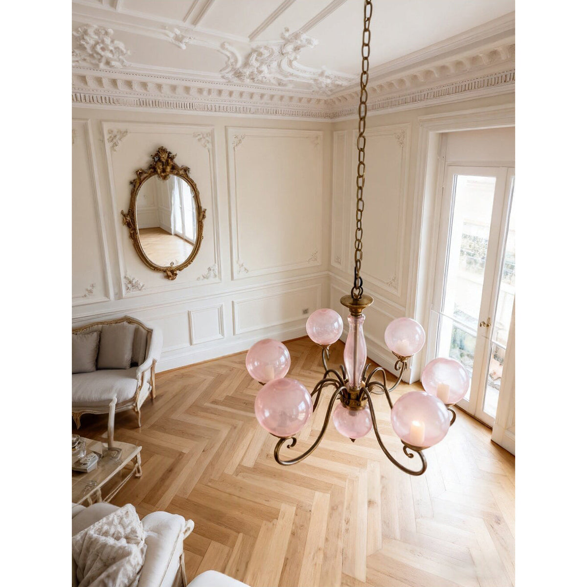 Hand-Blown Glass Globe Chandelier with Antique Brass Frame – Multi-Arm Pendant Light for Dining Room | Lonoma
