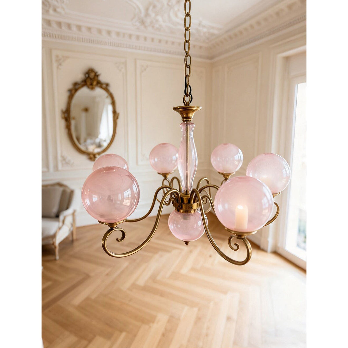 Hand-Blown Glass Globe Chandelier with Antique Brass Frame – Multi-Arm Pendant Light for Dining Room | Lonoma
