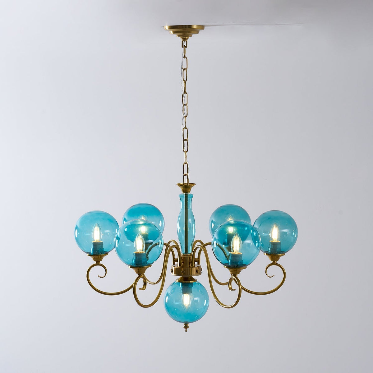 Hand-Blown Glass Globe Chandelier with Antique Brass Frame – Multi-Arm Pendant Light for Dining Room | Lonoma