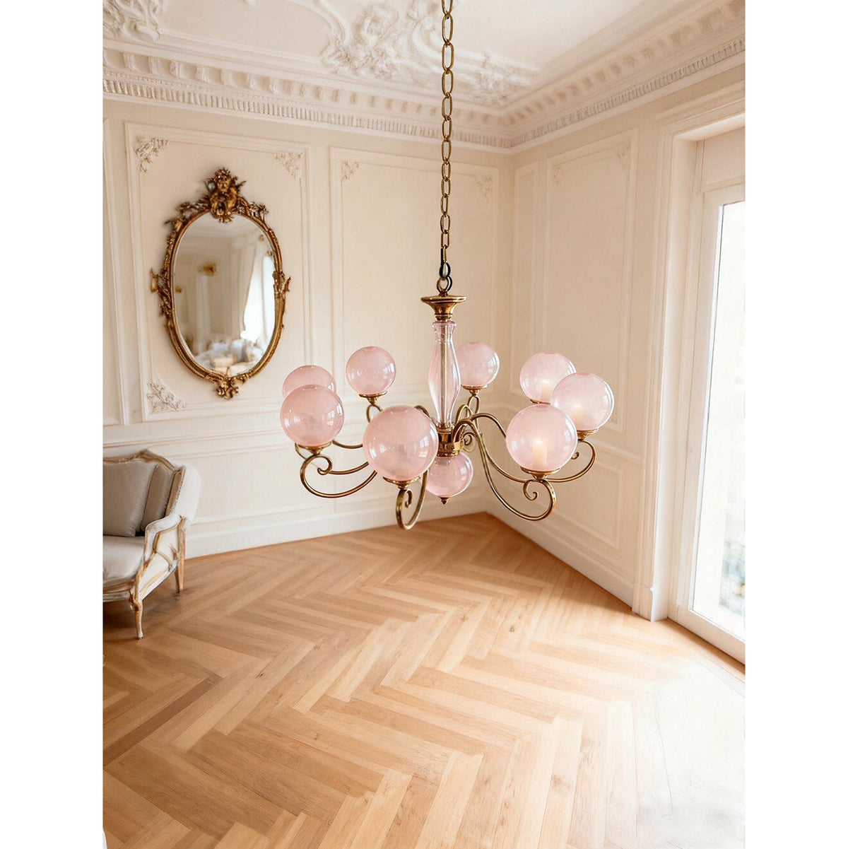 Hand-Blown Glass Globe Chandelier with Antique Brass Frame – Multi-Arm Pendant Light for Dining Room | Lonoma