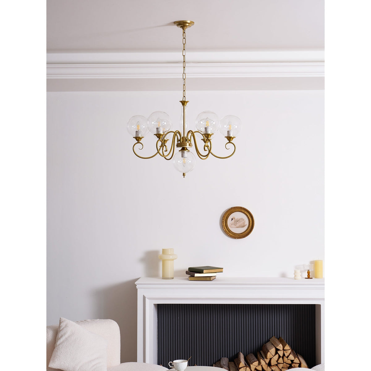 Hand-Blown Glass Globe Chandelier with Antique Brass Frame – Multi-Arm Pendant Light for Dining Room | Lonoma
