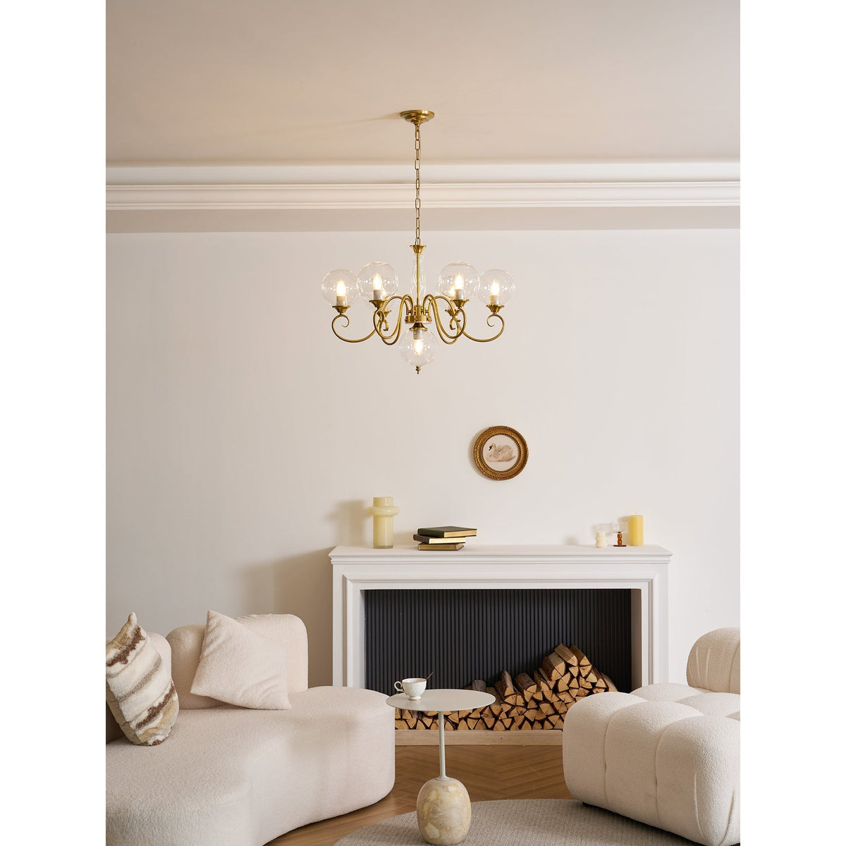 Hand-Blown Glass Globe Chandelier with Antique Brass Frame – Multi-Arm Pendant Light for Dining Room | Lonoma