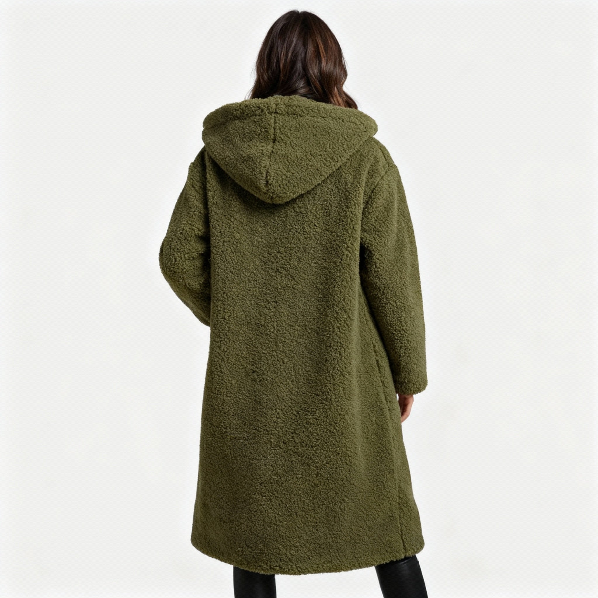 Women's Hooded Teddy Coat — Long Relaxed-Fit Winter Coat with Wide Lapels & Single-Button Front | Koossa