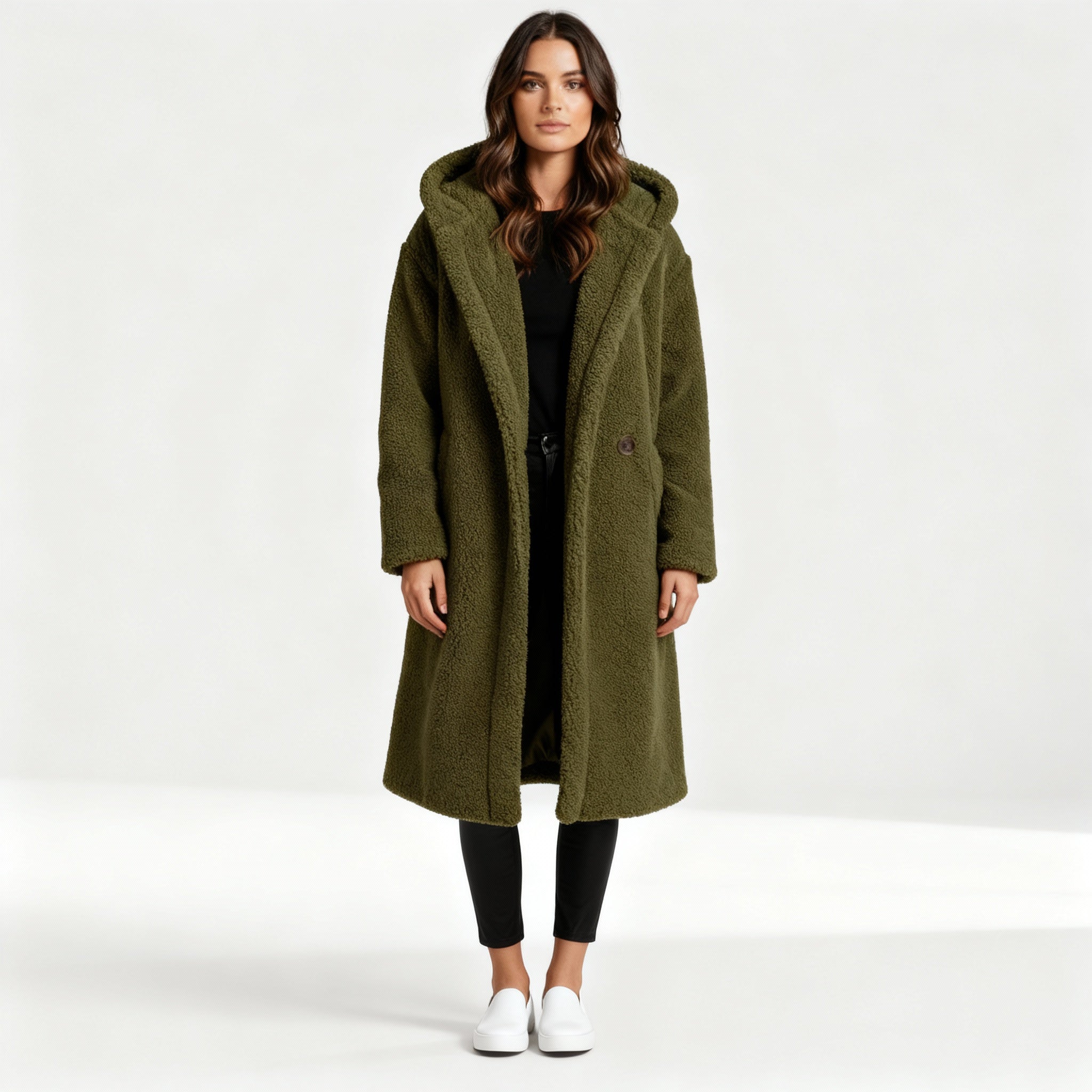 Women's Hooded Teddy Coat — Long Relaxed-Fit Winter Coat with Wide Lapels & Single-Button Front | Koossa
