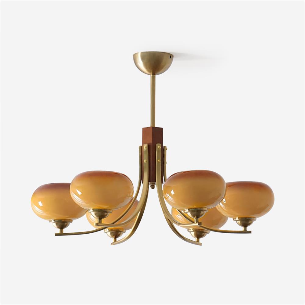 Multi-Globe Pendant Chandelier with Amber Glass Shades and Wood Accents for Dining Room | Lonoma