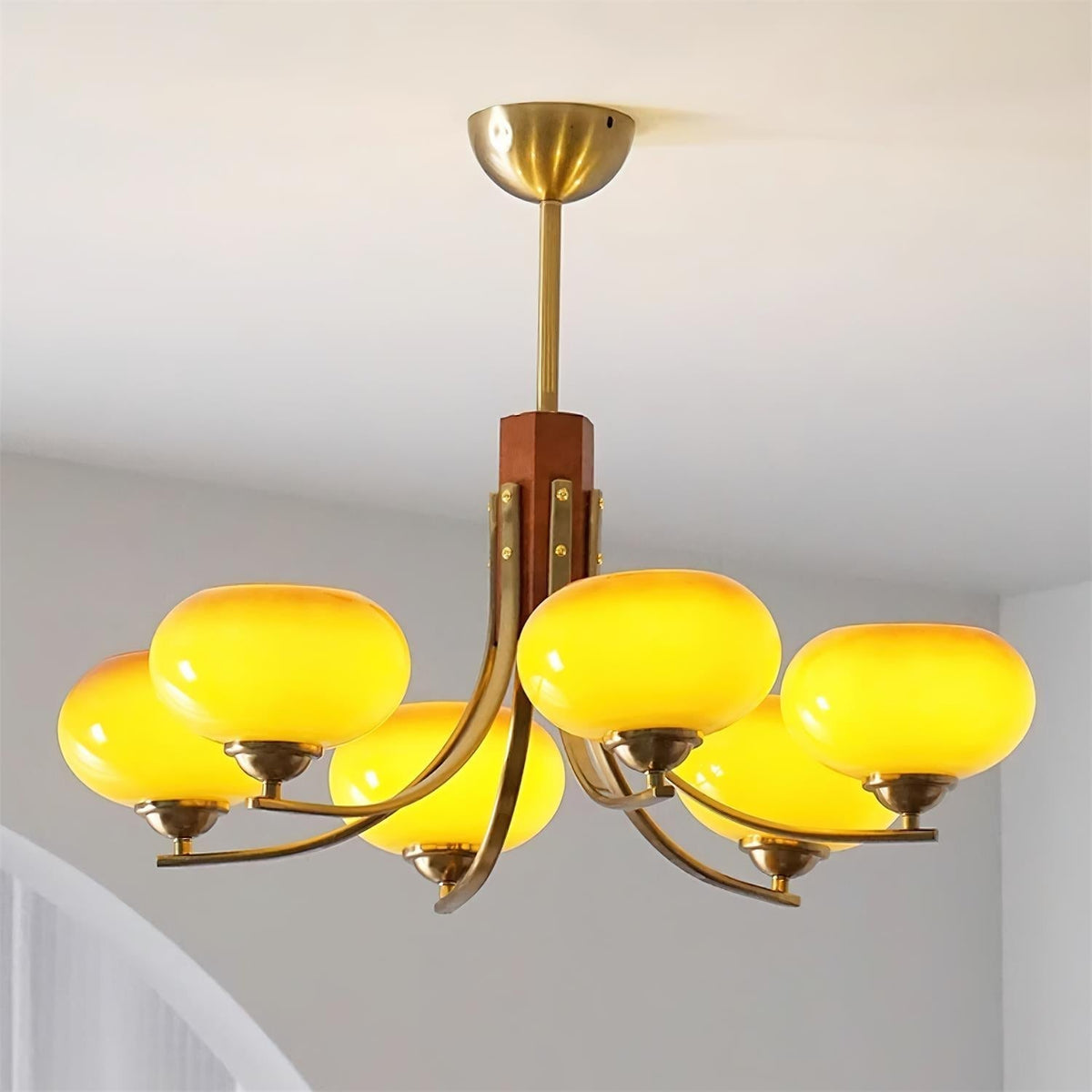 Multi-Globe Pendant Chandelier with Amber Glass Shades and Wood Accents for Dining Room | Lonoma