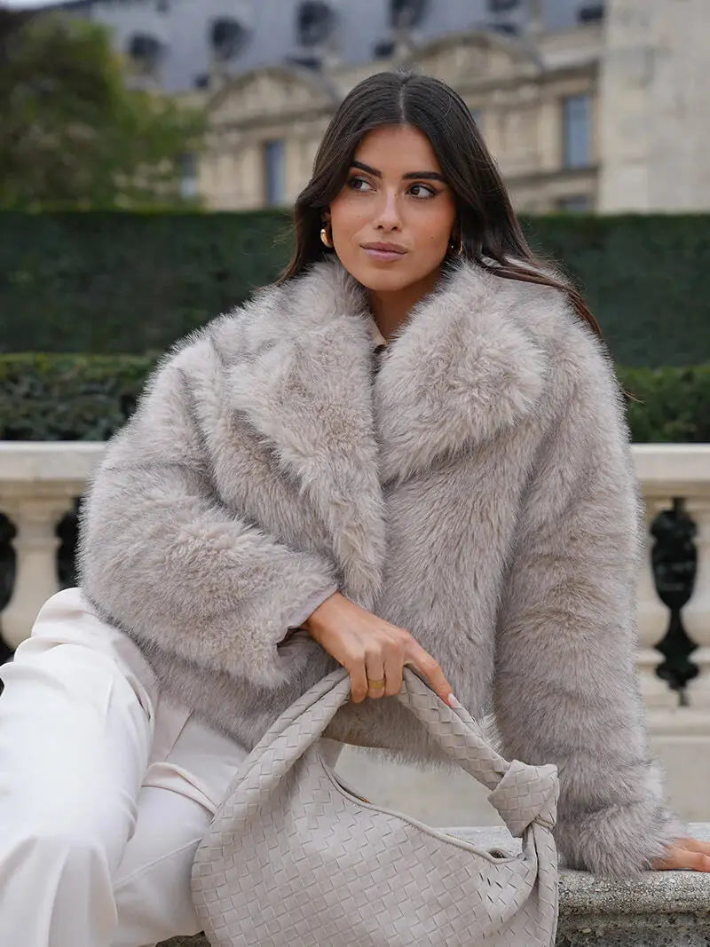 Plush Vegan Fur Jacket Wide Notch Collar Mid Length Winter Outerwear for Women Layering Coat Cruelty Free Lined Warmth | Lonoma