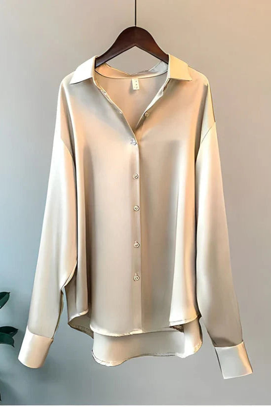 Lustrous Satin Blouse in Black with Classic Collar for Smart Occasions | Koossa