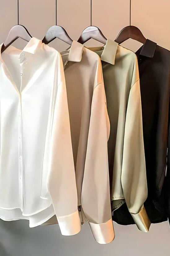 Lustrous Satin Blouse in Black with Classic Collar for Smart Occasions | Koossa