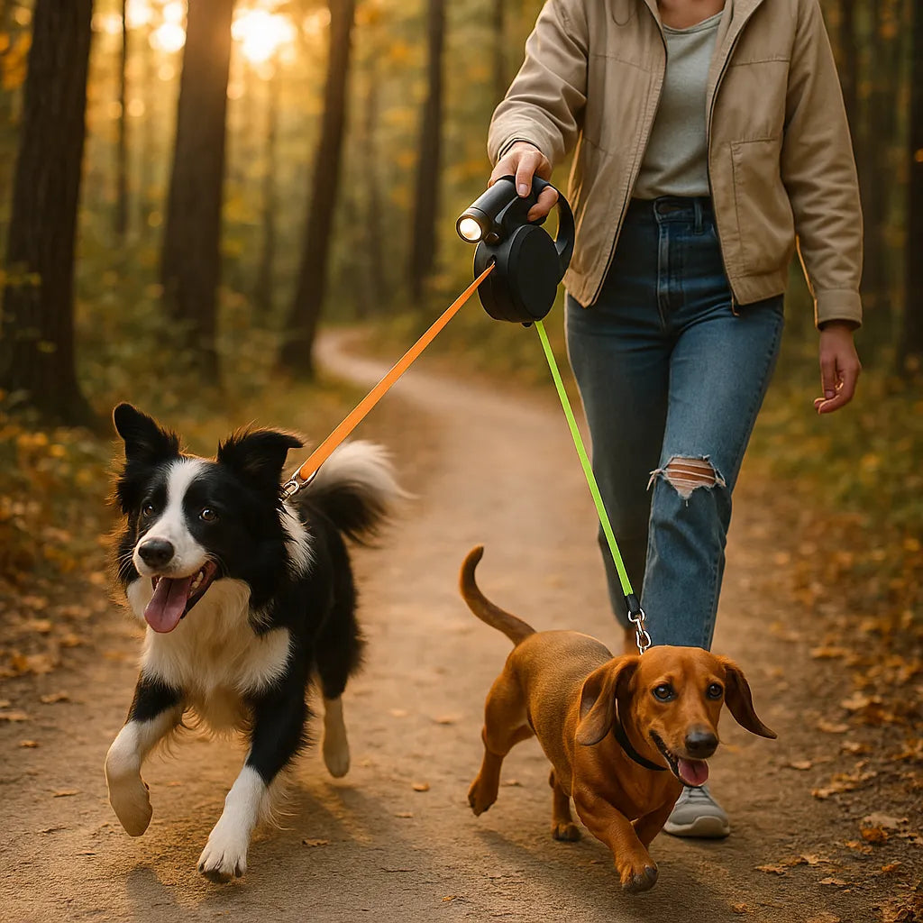 Dog Lead Double Retractable 3m Dual Leash 360° Swivel Two Dogs Tangle-Free LED Light Night Walking | Koossa