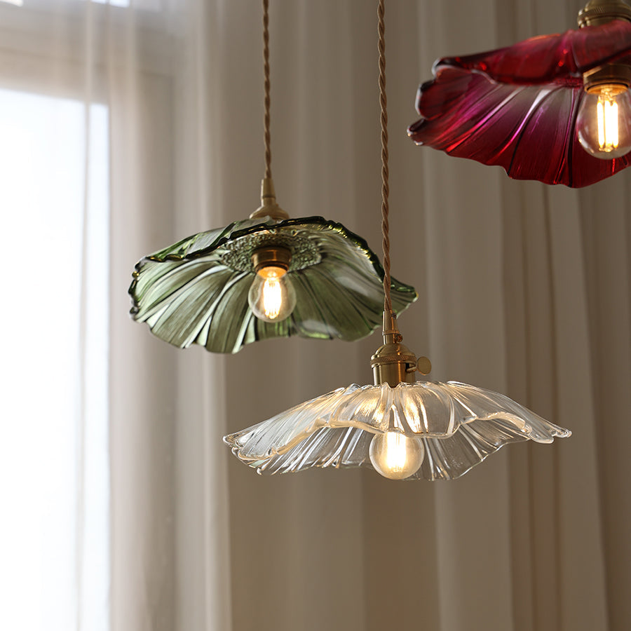 Floral Glass Flush Mount or Drop Ceiling Light with Brass Accents – Clear, Green or Pink Petal Shades for Bedroom, Dining Room | Lonoma