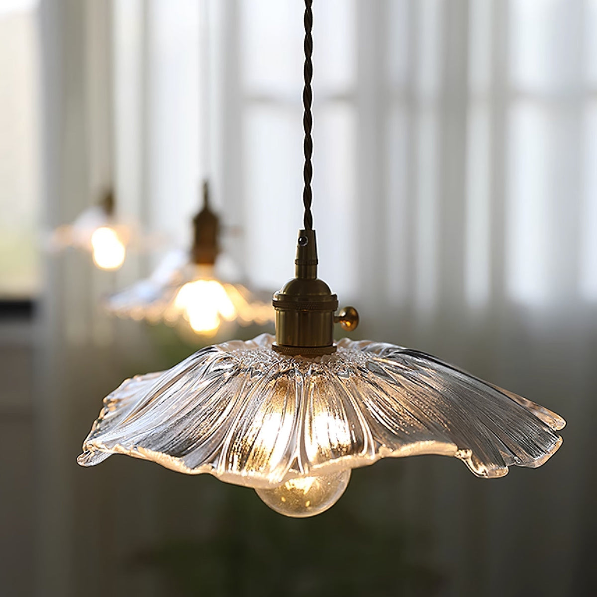 Floral Glass Flush Mount or Drop Ceiling Light with Brass Accents – Clear, Green or Pink Petal Shades for Bedroom, Dining Room | Lonoma