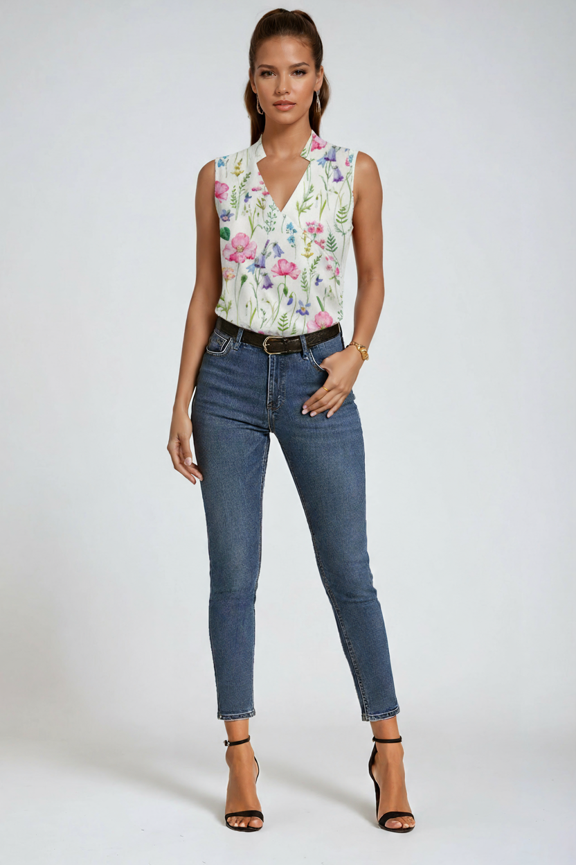 Sleeveless V-Neck Blouse in White, Blue, Black & Floral – Elegant Layering Essential for Work and Weekends | Koossa