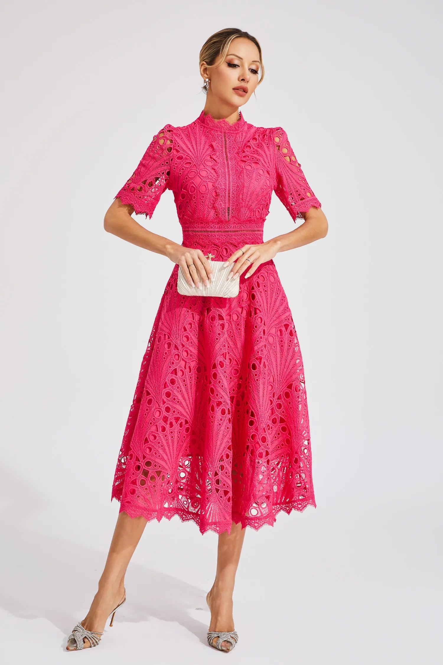 Rose Pink Fit & Flare Midi Dress | High Neck Elegance for Festive Occasions & Celebrations | Koossa