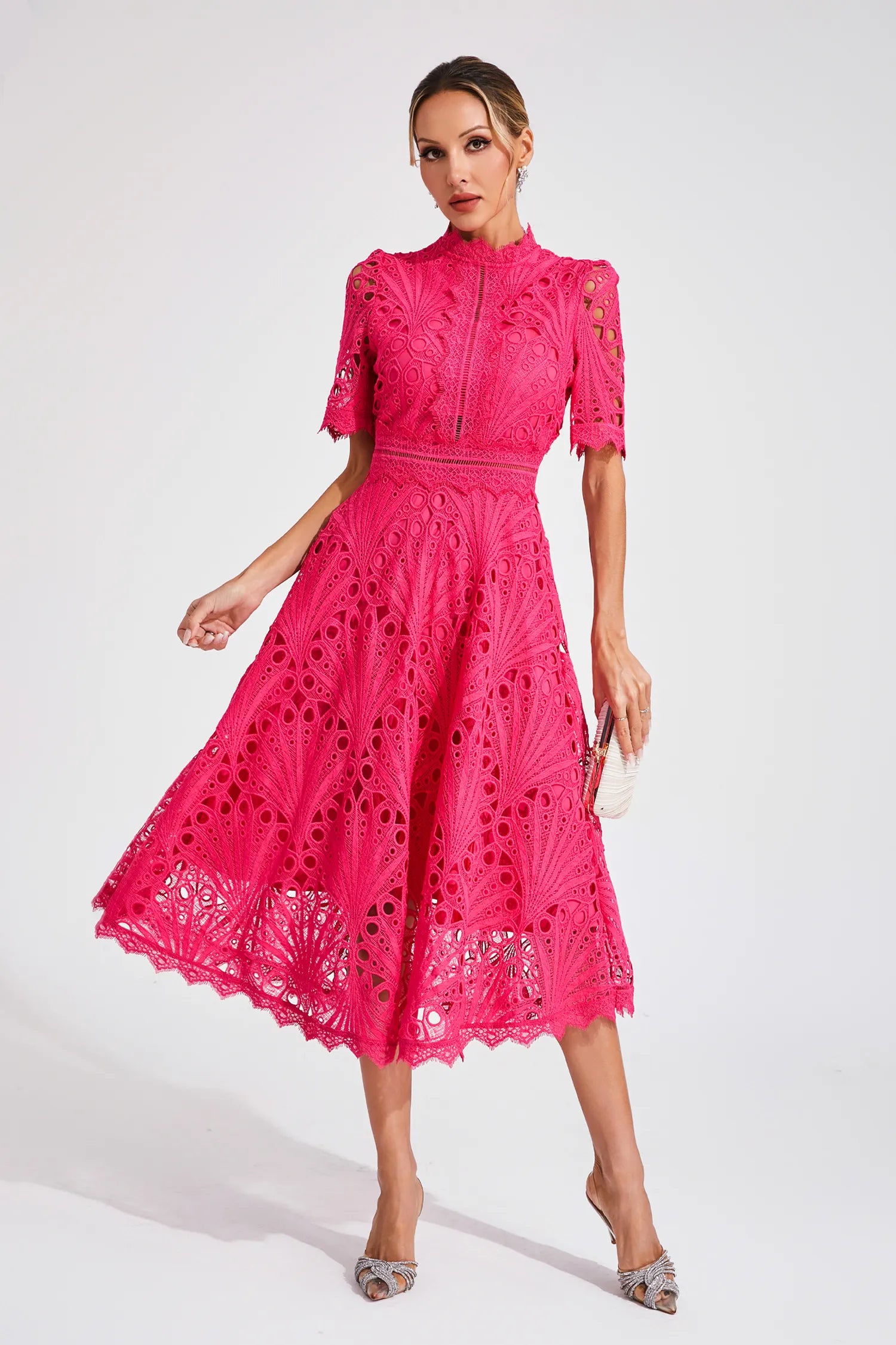 Midi Dress with High Neckline and Scalloped Hem in Pink and White – Elegant Fit-and-Flare Silhouette Perfect for Formal Occasions Graduation Ceremonies Wedding Guest | Koossa