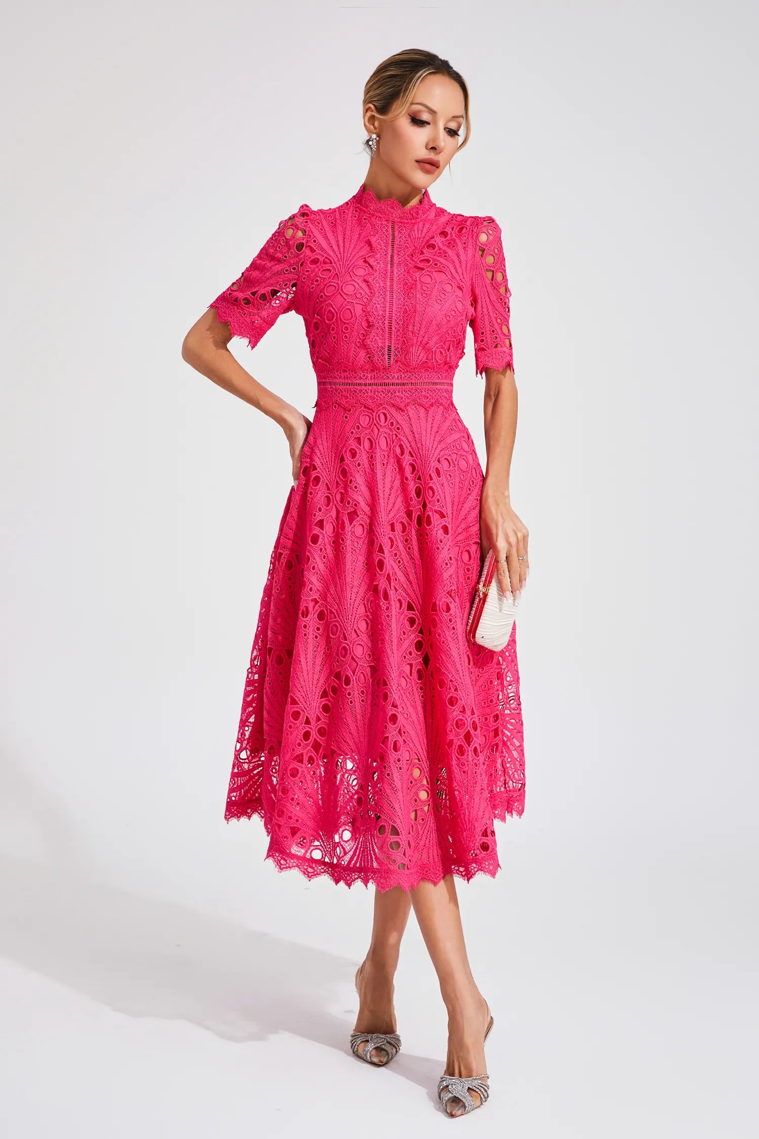 Rose Pink Fit & Flare Midi Dress | High Neck Elegance for Festive Occasions & Celebrations | Koossa
