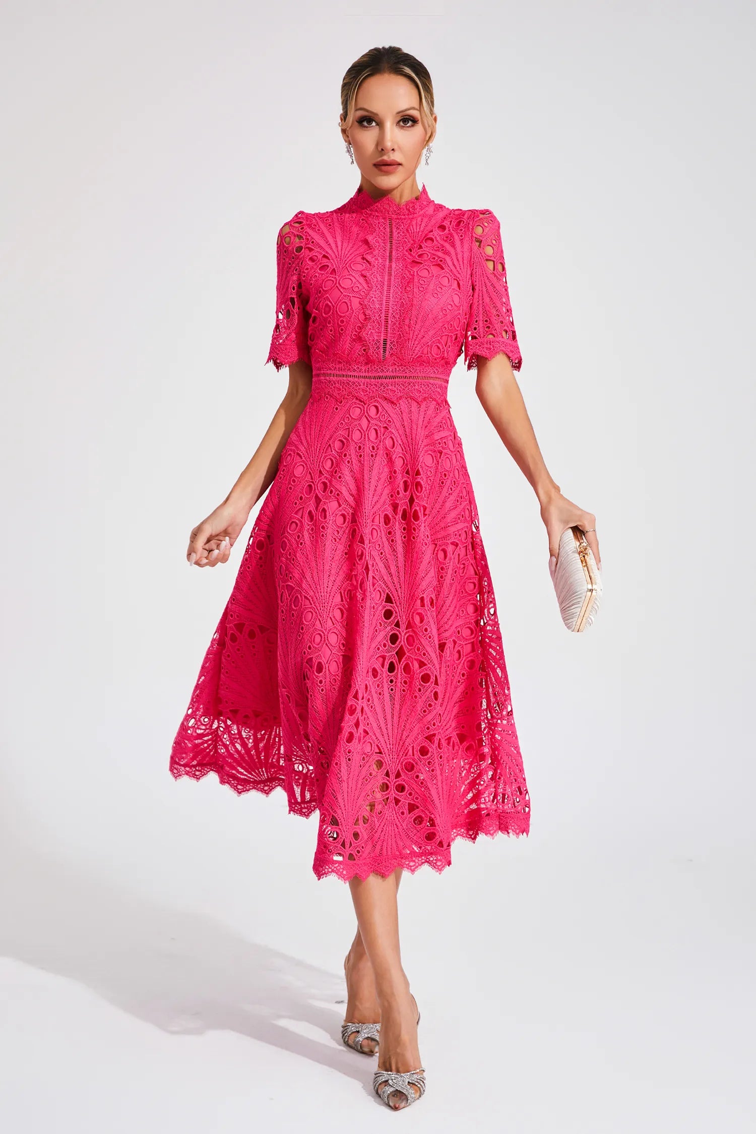 Rose Pink Fit & Flare Midi Dress | High Neck Elegance for Festive Occasions & Celebrations | Koossa