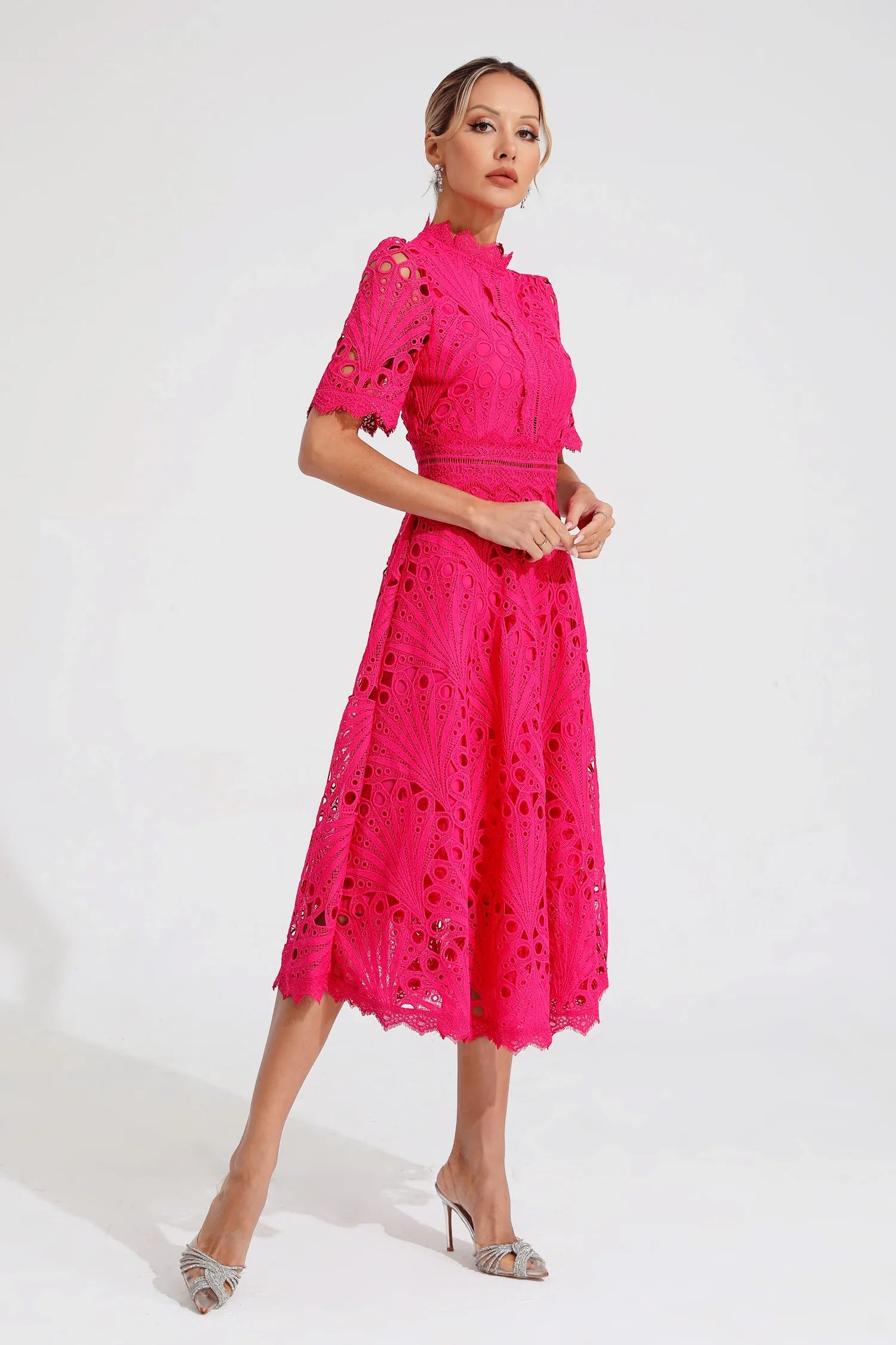 Rose Pink Fit & Flare Midi Dress | High Neck Elegance for Festive Occasions & Celebrations | Koossa