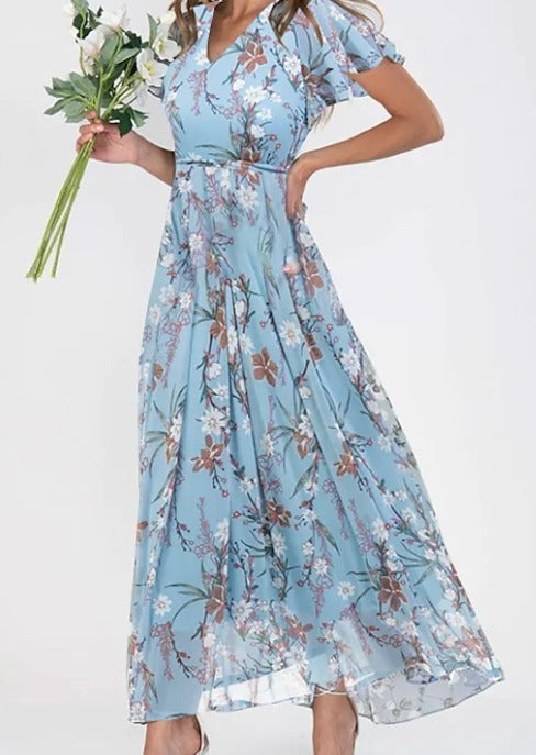 Women's Floral Midi Dress with Short Sleeves in Soft Cotton Blend | Perfect for Garden Parties, Summer Weddings, Afternoon Tea | Koossa