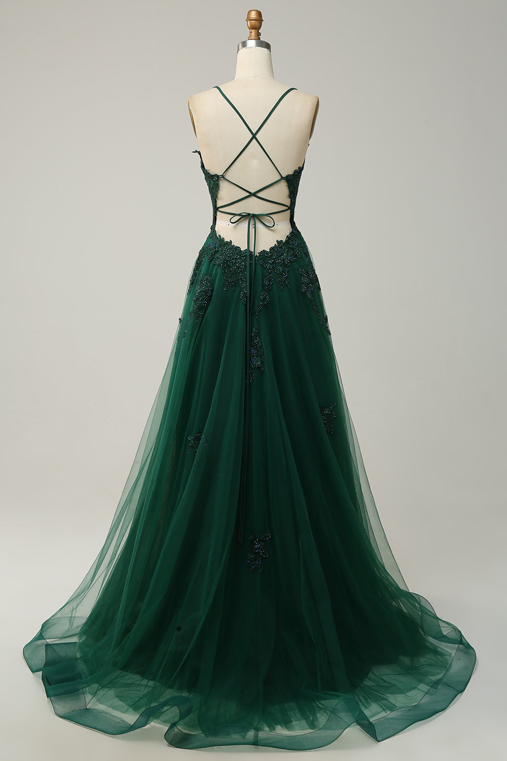 Women's Floor-Length A-Line Evening Gown with Adjustable Lace-Up Back and Spaghetti Straps | Koossa