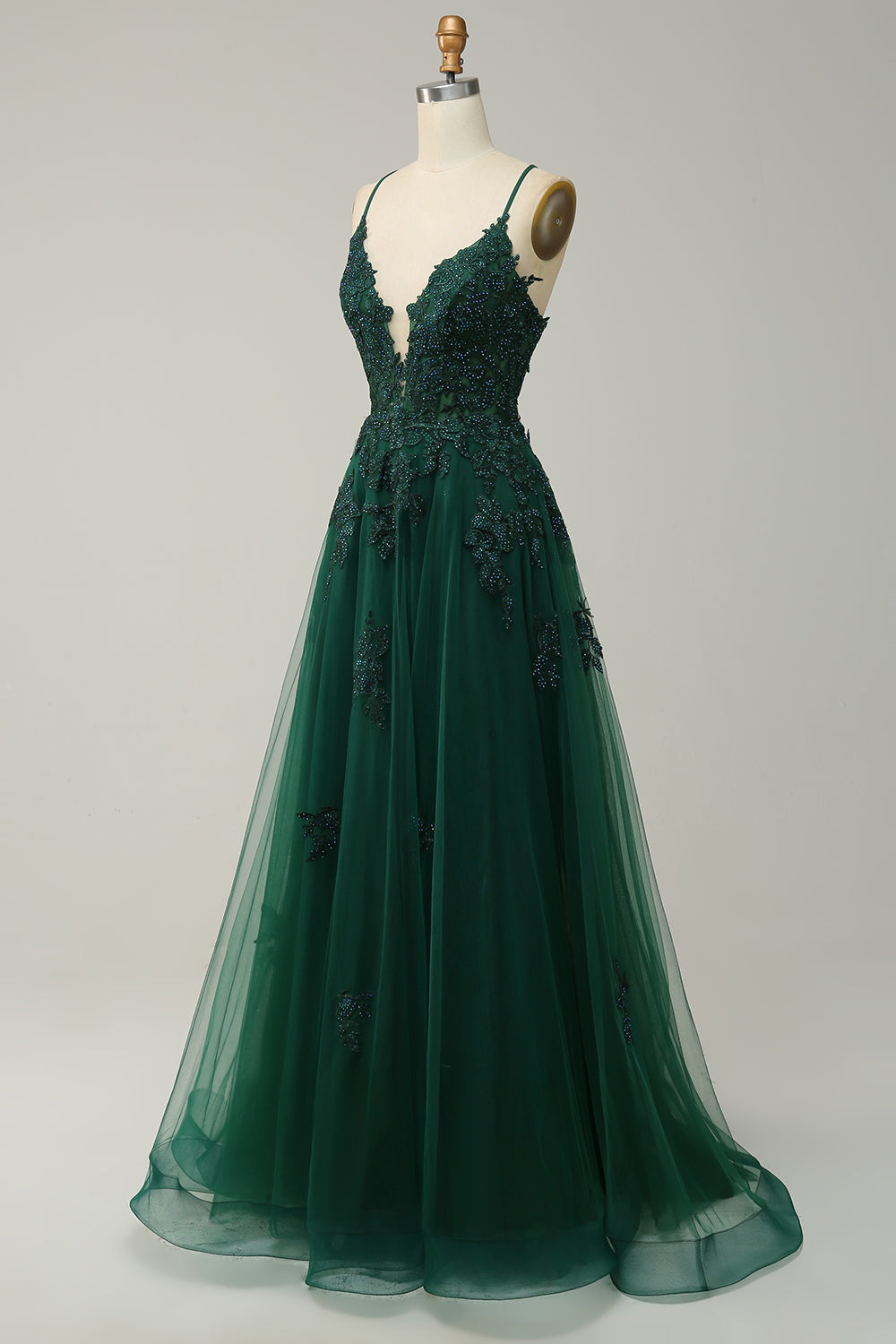 Women's Floor-Length A-Line Evening Gown with Adjustable Lace-Up Back and Spaghetti Straps | Koossa
