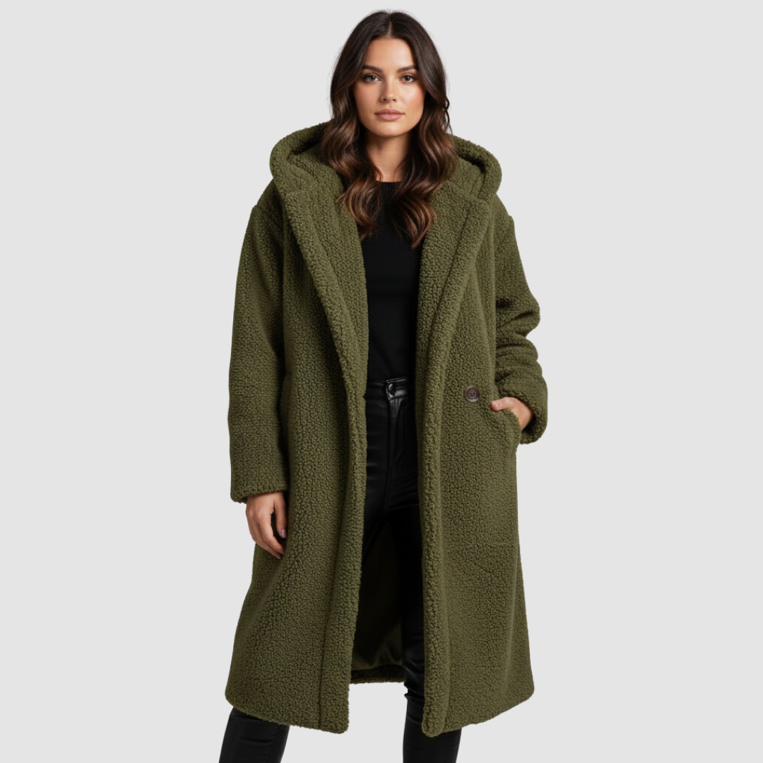 Women's Hooded Teddy Coat — Long Relaxed-Fit Winter Coat with Wide Lapels & Single-Button Front | Koossa