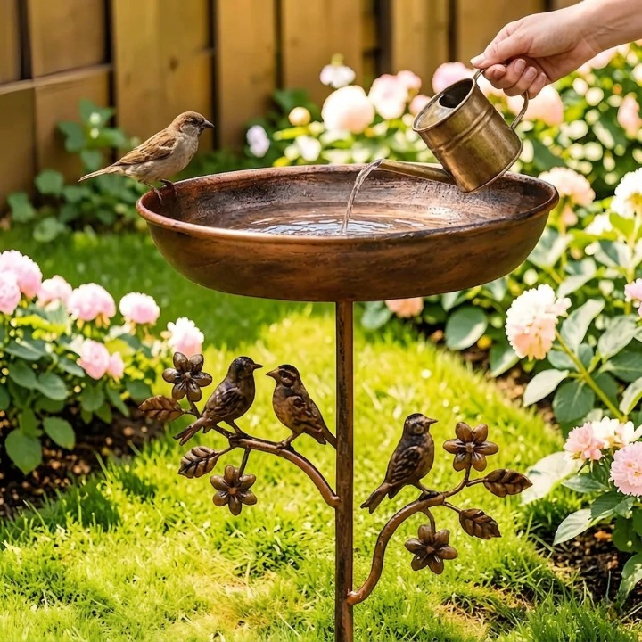 Metal Bird Bath with Garden Stake, 9.5 in Copper-Tone Outdoor Birdbath Bowl for Songbirds, Yard, Patio & Lawn, Easy Assembly | Lonoma