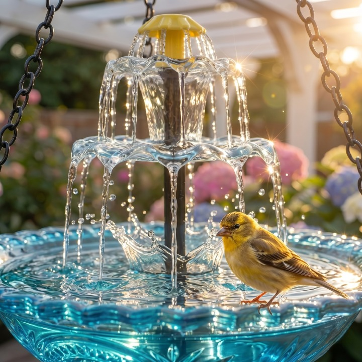Fontaine à oiseaux suspendue solaire deux vasques verre Ø 25,5 cm cascade automatique jardin terrasse | Koossa