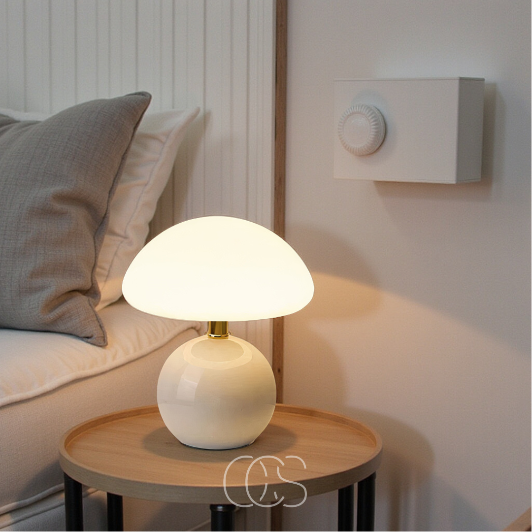 Lampe à poser design champignon dimmable LED céramique mat blanc chaud lecture ambiance chambre salon bureau | Koossa