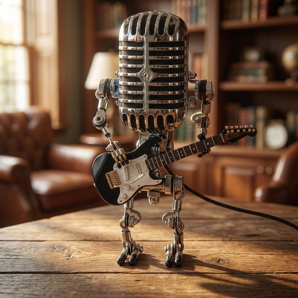 Robot Guitar Table Lamp, 8.7 in Warm LED Accent Light, Battery or USB Powered, Nightstand, Desk & Music Room Decor Gift | Lonoma