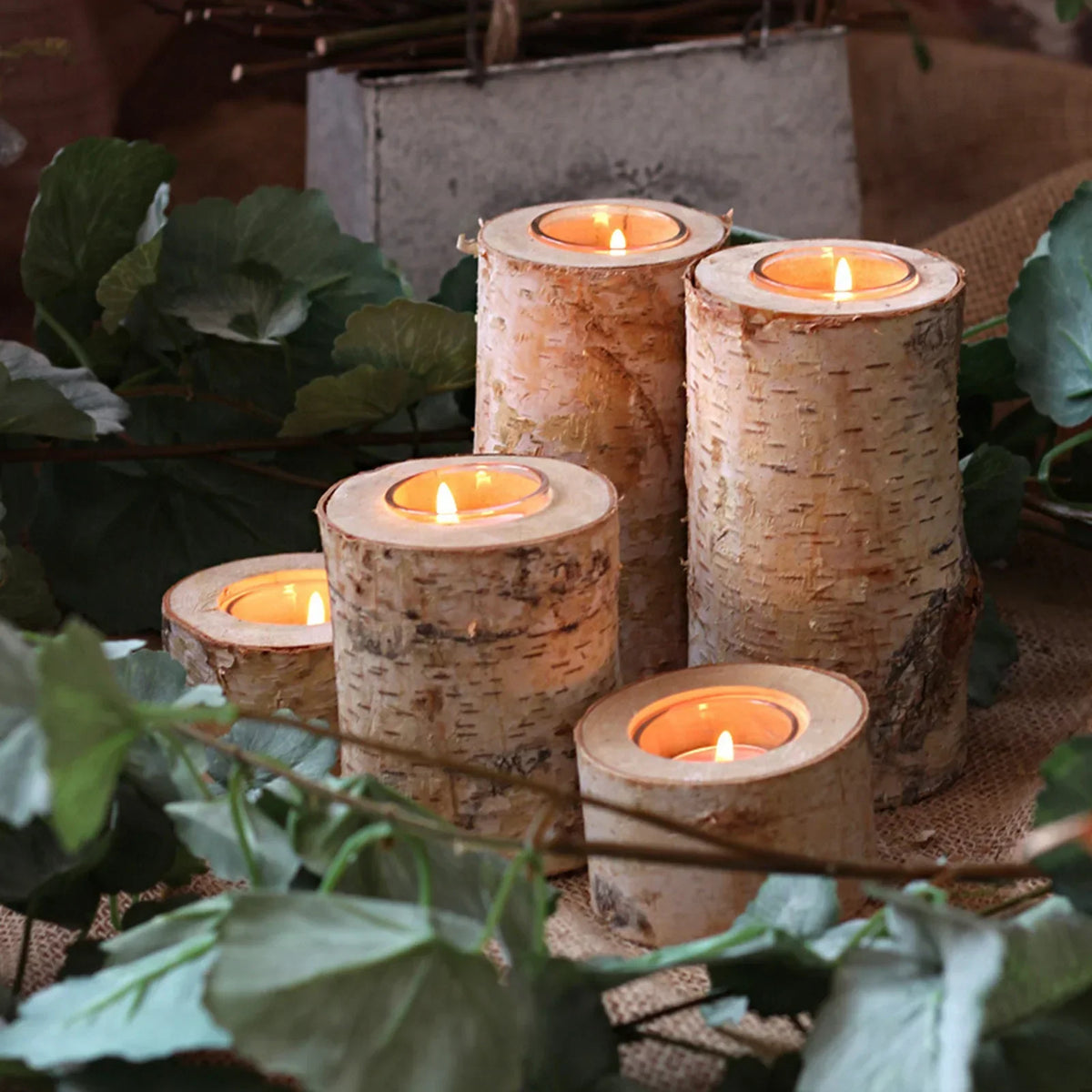 Birch Wood Tealight Candle Holder with Glass Insert – Natural Log Candleholder for Dining Table Centerpiece & Living Room Decor | Lonoma