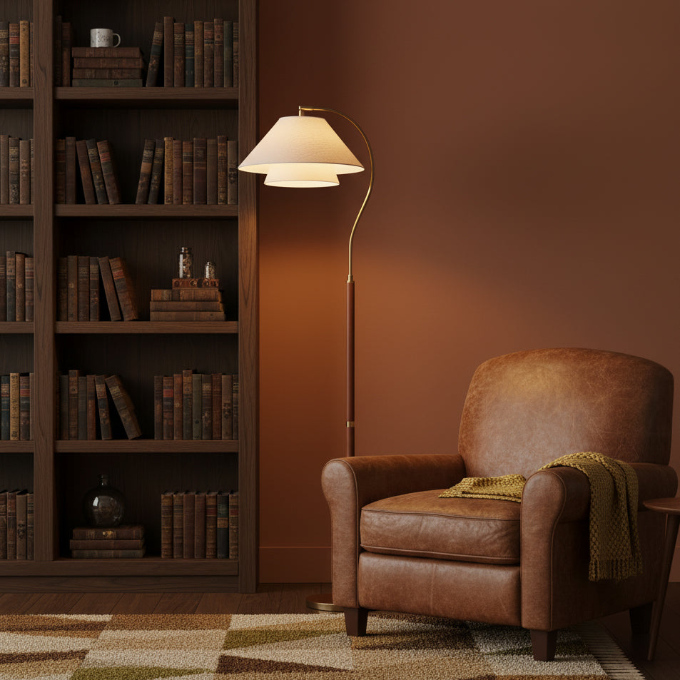 Lampadaire double abat-jour tissu lin et bois 155 cm design élégant salon chambre lumière douce ambiance | Koossa