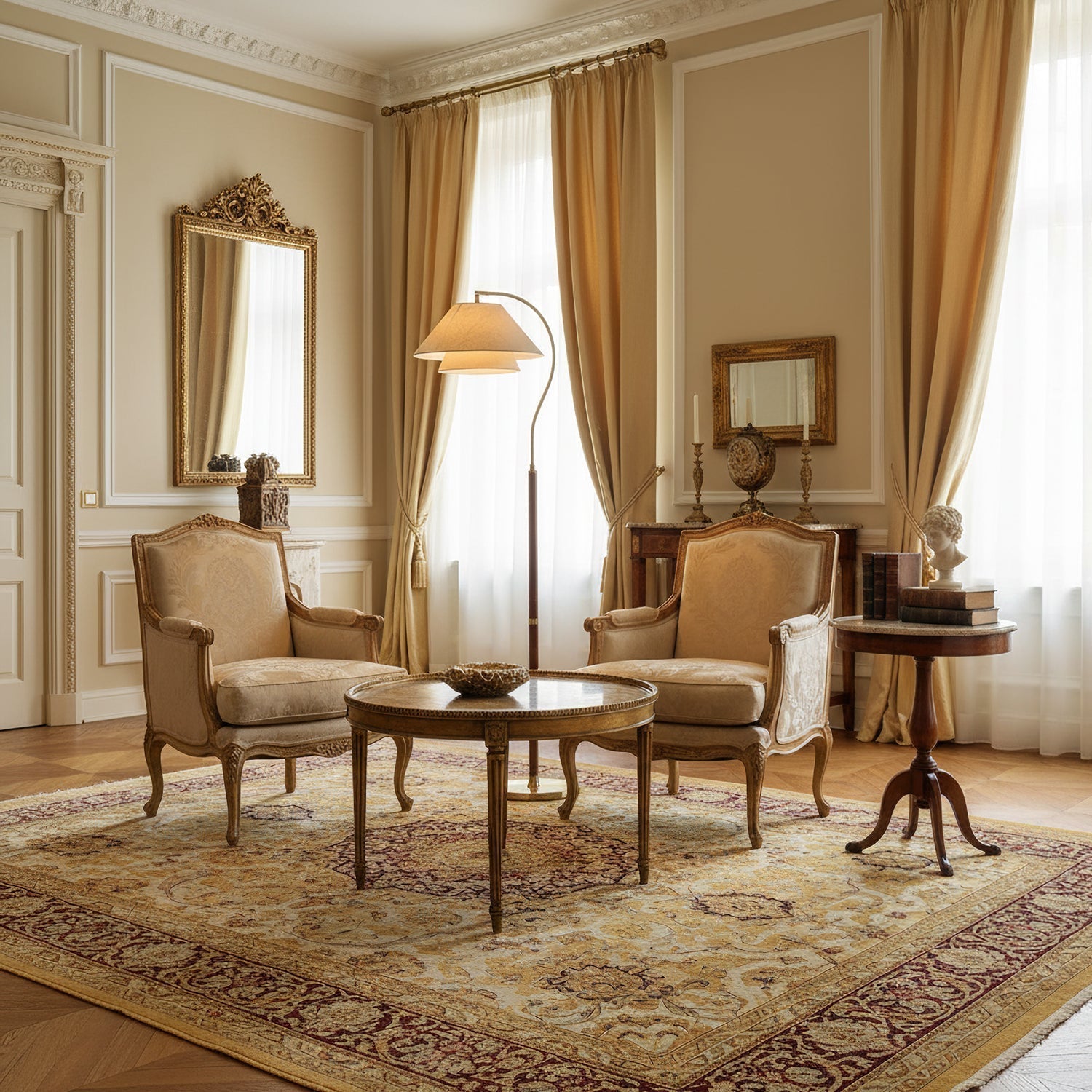 Lampadaire double abat-jour tissu lin et bois 155 cm design élégant salon chambre lumière douce ambiance | Koossa