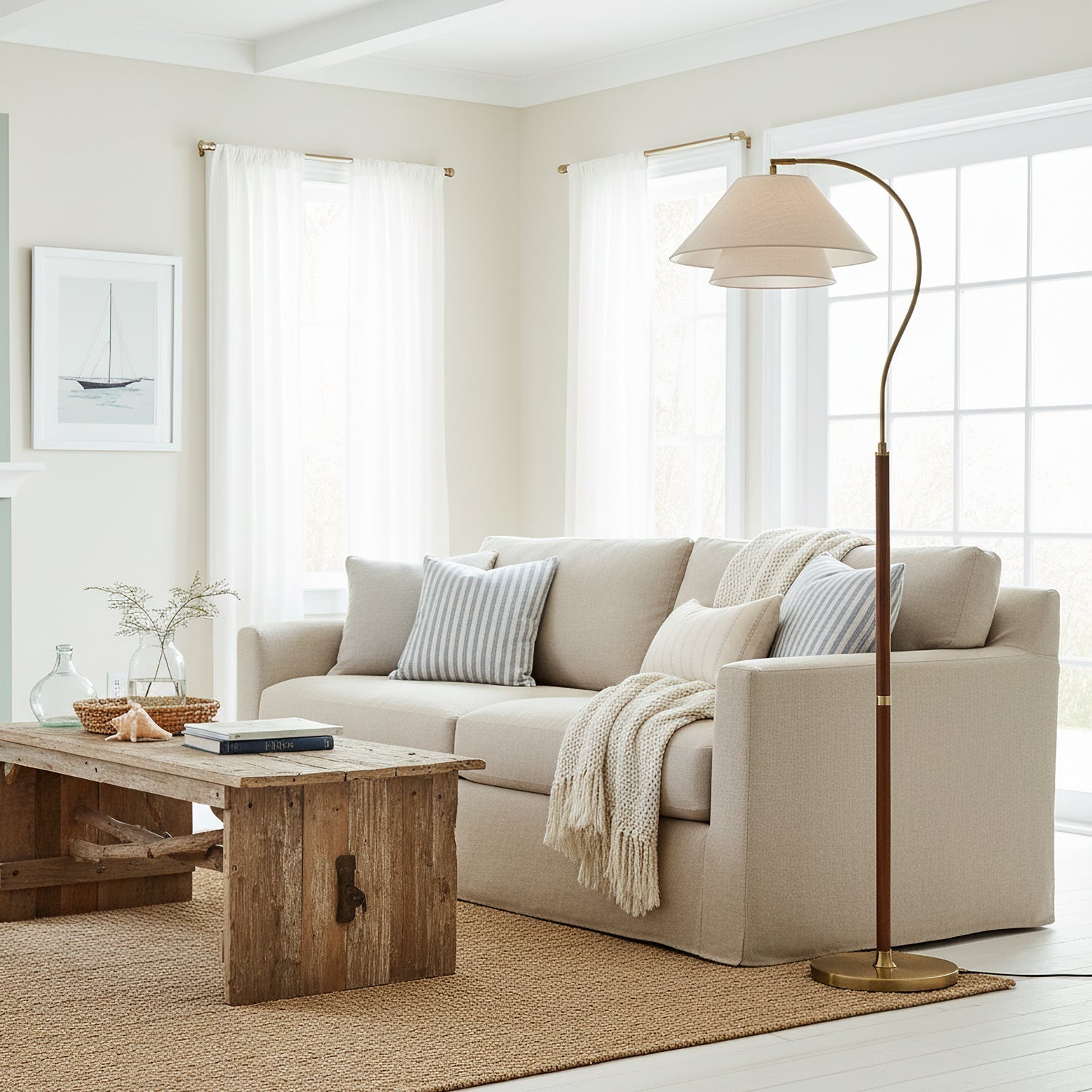 Lampadaire double abat-jour tissu lin et bois 155 cm design élégant salon chambre lumière douce ambiance | Koossa