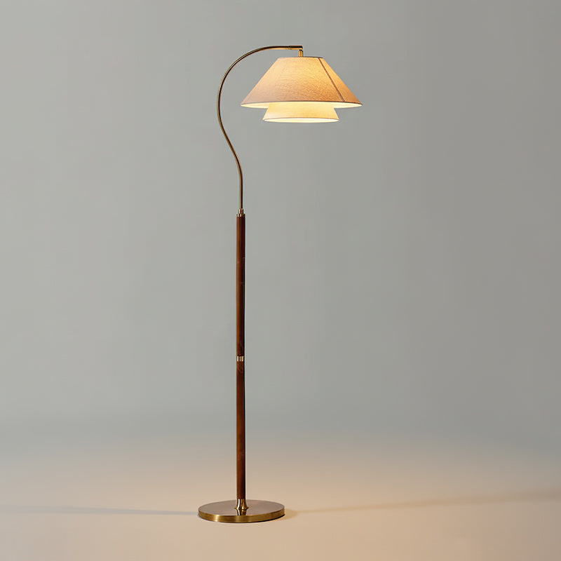 Lampadaire double abat-jour tissu lin et bois 155 cm design élégant salon chambre lumière douce ambiance | Koossa
