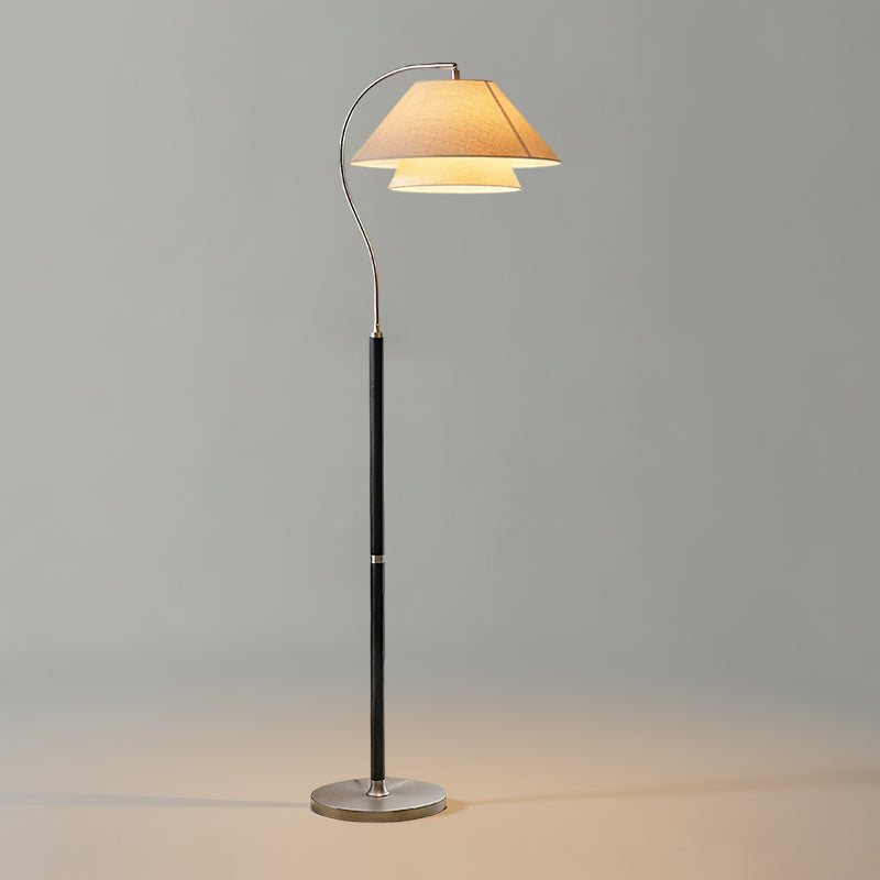 Lampadaire double abat-jour tissu lin et bois 155 cm design élégant salon chambre lumière douce ambiance | Koossa