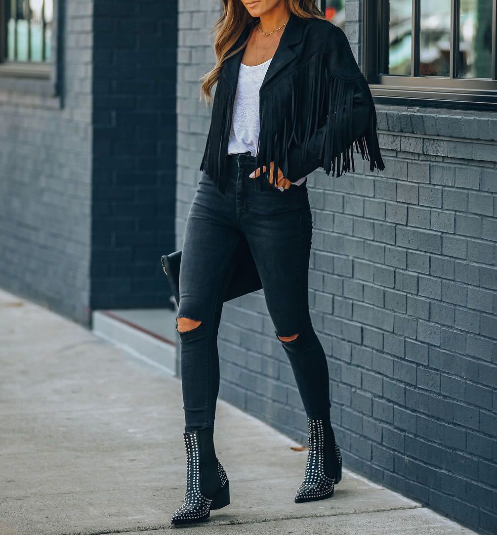 Fringed Suede-Effect Jacket with Lapel Collar in Pink, Orange, Black and White – Western-Inspired Cropped Outerwear for Festival Season and Statement Daywear | Koossa