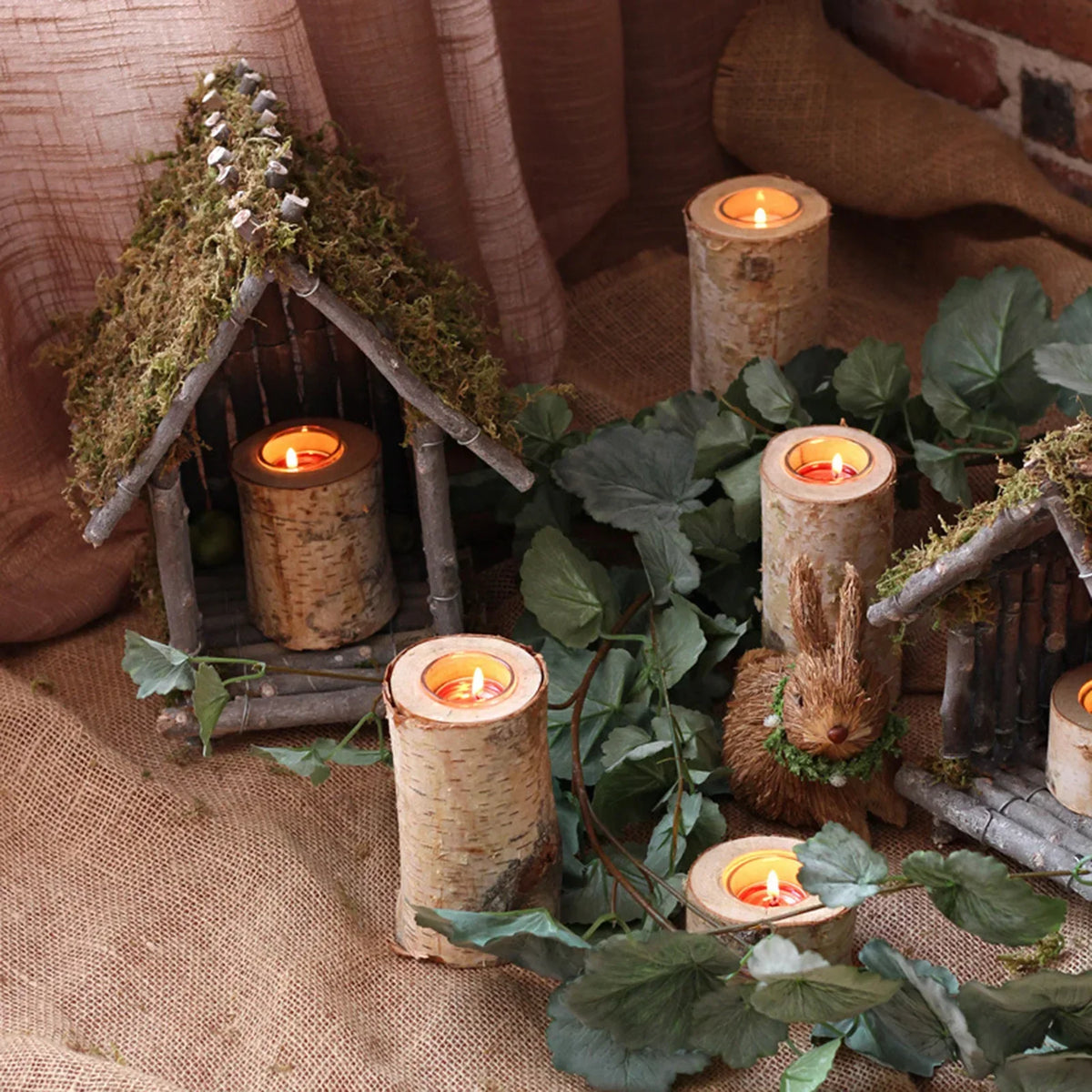 Birch Wood Tealight Candle Holder with Glass Insert – Natural Log Candleholder for Dining Table Centerpiece & Living Room Decor | Lonoma