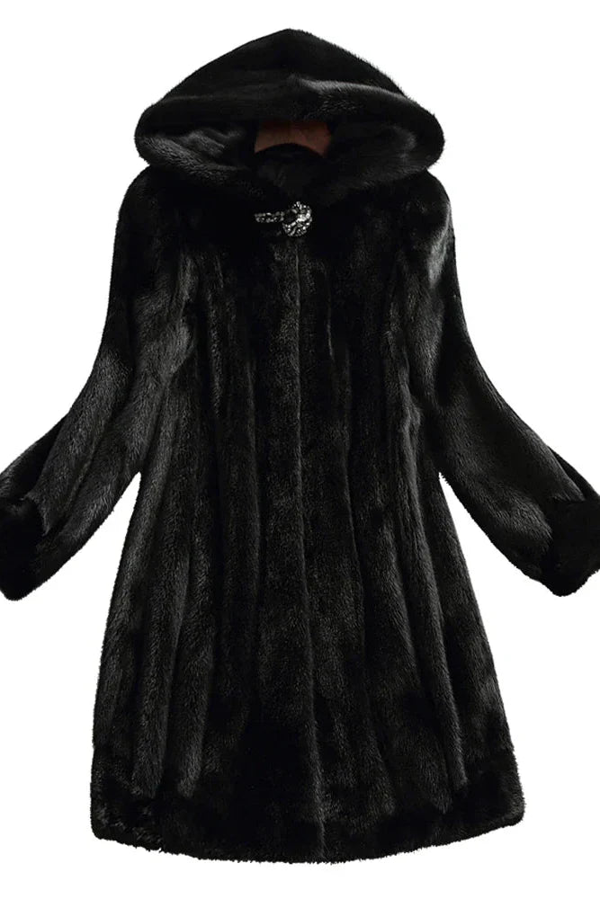 Women's Hooded Faux Fur Coat in Black — Elegant Long Outerwear for Winter | Koossa